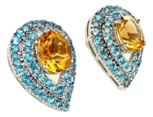 Pear Shape Citrine and Blue Topaz Stud Earrings in 925 Silver, 2 Pieces