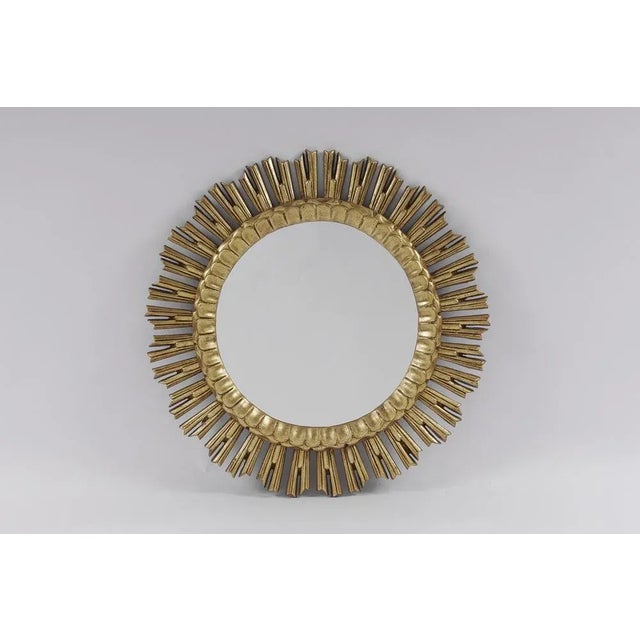 1960s Mid-Century Golden Sunburst Wood Mirror, 1950s For Sale - Image 5 of 5