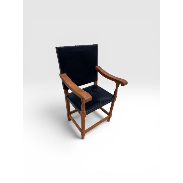 Arts & Crafts Antique Arts & Crafts Oak Library Armchair With Black Leather For Sale - Image 3 of 11