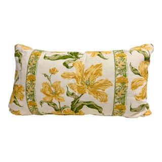 Custom Yellow & Green Botanical Floral Stripe Lumbar Pillow For Sale