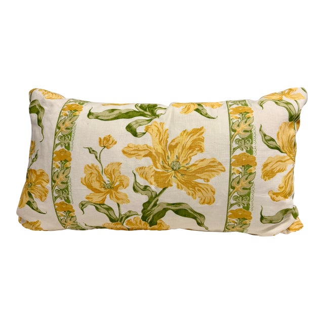 Custom Yellow & Green Botanical Floral Stripe Lumbar Pillow For Sale