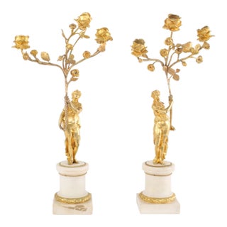 Early 20th Century Gilt Bronze / Marble Base Three Arm Candelabras - a Pair For Sale
