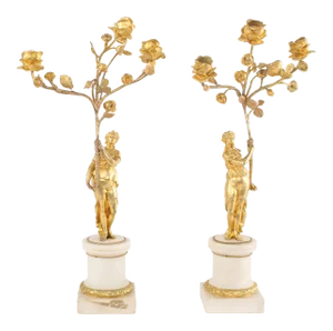 Early 20th Century Gilt Bronze / Marble Base Three Arm Candelabras - a Pair