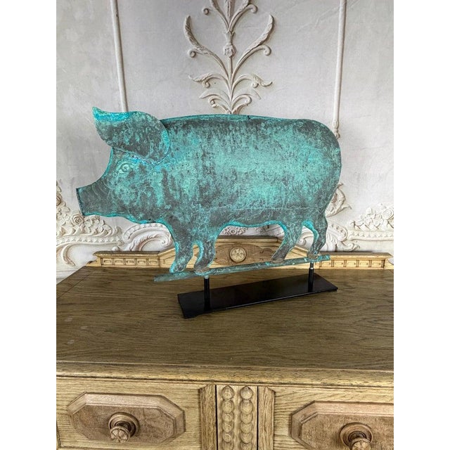 Metal Folk Art Copper Pig Weathervane Object on Iron Base For Sale - Image 7 of 10