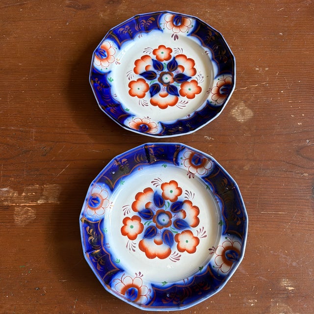 Blue Antique Gaudy Welsh Crescent Pinwheel Flow Blue Plates, a Pair, Circa 1840s For Sale - Image 8 of 12
