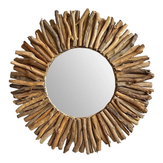 Vintage Large Driftwood Sun Wall Mirror For Sale