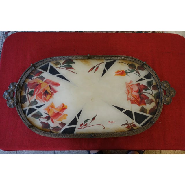 Beautiful 1930s Art Deco centerpiece tray Hammered ironwork Gallery and handles Painted with roses and geometric motifs...
