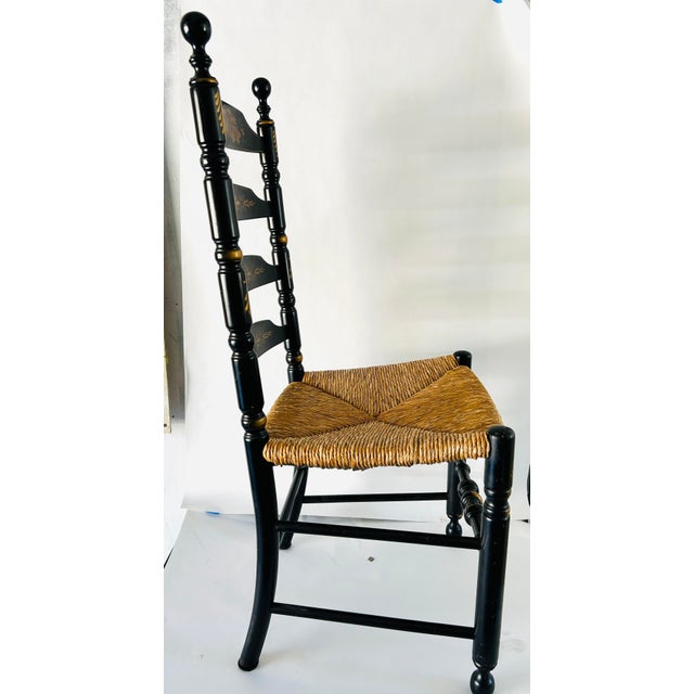 Textile L. Hitchcock Rush Seat, Stenciled Ladder Back Dining Chair c.1980. For Sale - Image 7 of 12