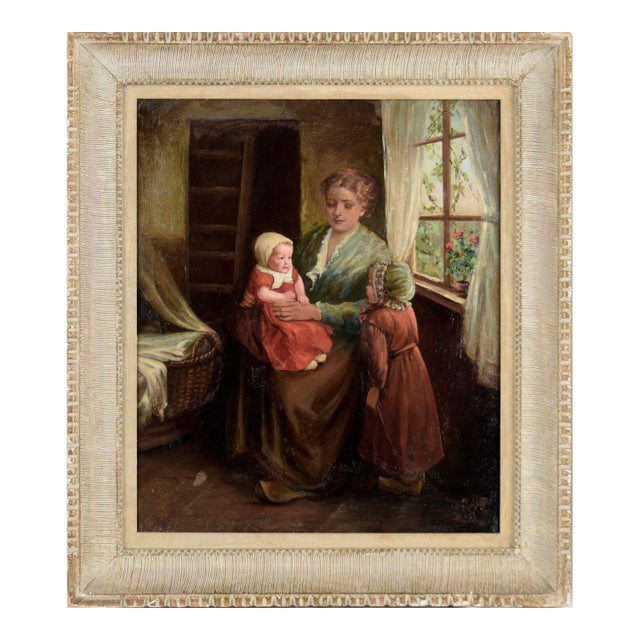 Woman With Two Children in Red - Dutch Style Interior Scene in Oil on Canvas by Joseph Tomanek For Sale