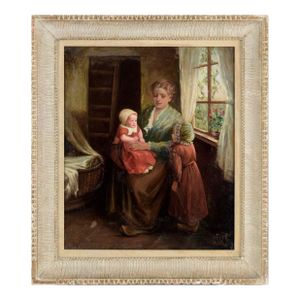 Woman With Two Children in Red - Dutch Style Interior Scene in Oil on Canvas by Joseph Tomanek