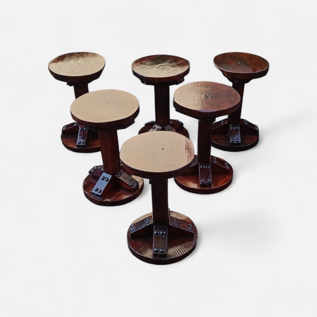 Studded Wooden Stools, 1970s, Set of 6 For Sale - Image 9 of 9