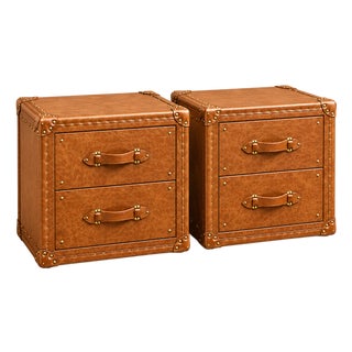 Tan Leather Luxury Nightstand Pair, Handmade Leather Bedside Tables, Vintage Trunk Style Bedroom Storage, Brass Hardware Drawer Cabinet For Sale