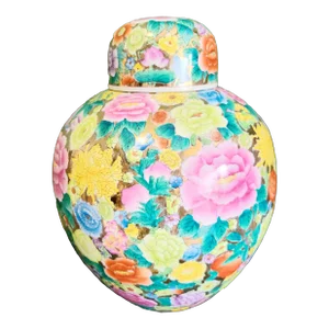Vintage Tobacco Leaf Floral Brass Inlay Colorful Ceramic Regency Ginger Jar