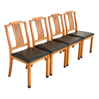 Henredon Style Mid-Century Hollywood Regency Carved Walnut and Cane Dining Chairs, Set of Four For Sale