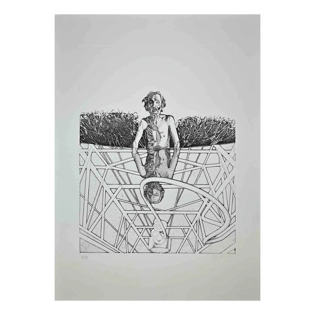 Franco Mulas, Man Gets Wet in the Pond of Ottana, Original Etching, 1974 For Sale
