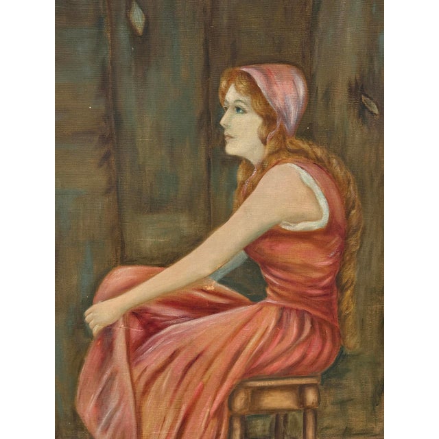 Wood Antique Realism "Women in Pink Dress W/ Forest Doves" Oil on Canvas Painting For Sale - Image 7 of 16