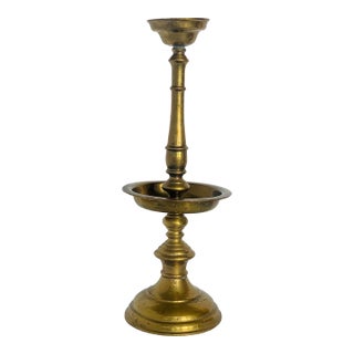 Tall Antique Solid Brass Pillar Ecclesiastical Altar Candlestick With Underplate For Sale