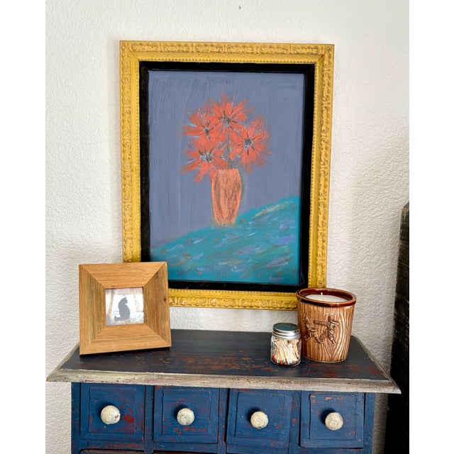 Rustic Vibrant Rustic Primitive Floral Burst Painting in Vintage Frame For Sale - Image 3 of 12