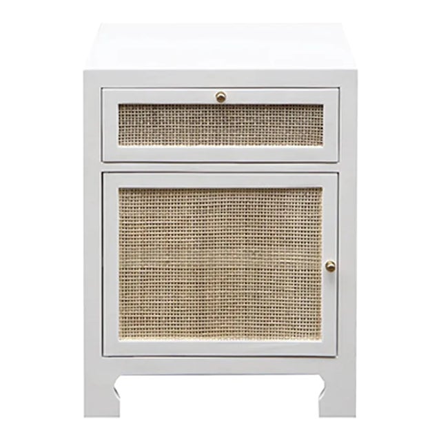 Matthew Izzo Home - Ruth Matte White Lacquer Chow Leg One Drawer Side Table With One Caned Door For Sale