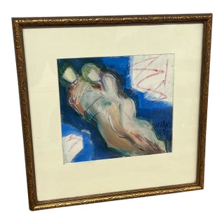 Nancy Willis Lovers in Blue Signed Pastel/Oil on Paper, Circa 1985 For Sale