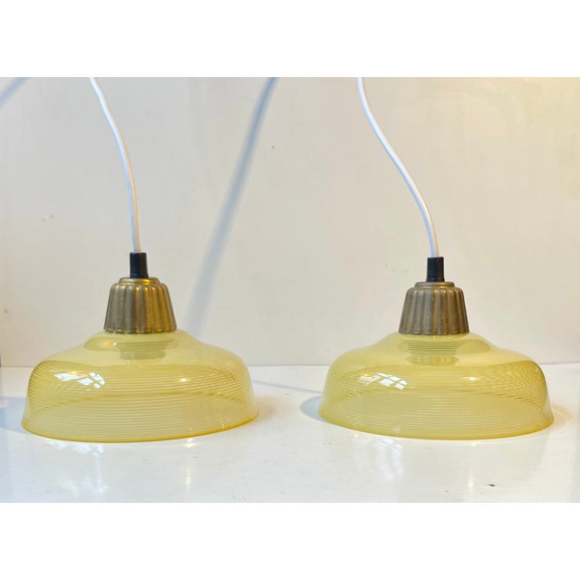 Vintage Art Deco Brass and Striped Yellow Glass Pendant Lamps from Lyfa, 1940s, Set of 2 For Sale - Image 13 of 13