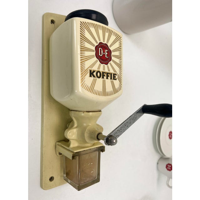 Mid-Century Modern Dutch Wall Coffee Grinder with Cups and Container, 1950s, Set of 6 For Sale - Image 3 of 11
