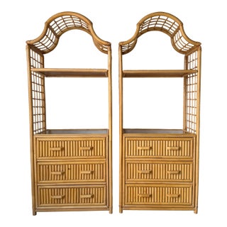 Vintage Coastal Pagoda-Style Rattan Etagères With Three Drawers – A Pair For Sale
