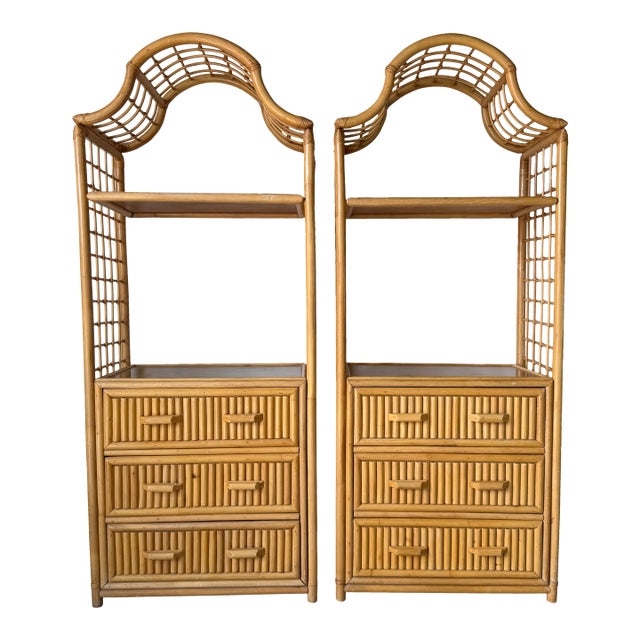 Vintage Coastal Pagoda-Style Rattan Etagères With Three Drawers – A Pair For Sale