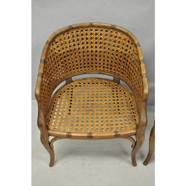 Vintage Hollywood Regency Faux Bamboo Wood & Cane Barrel Back Lounge Chair, Pair For Sale - Image 4 of 15
