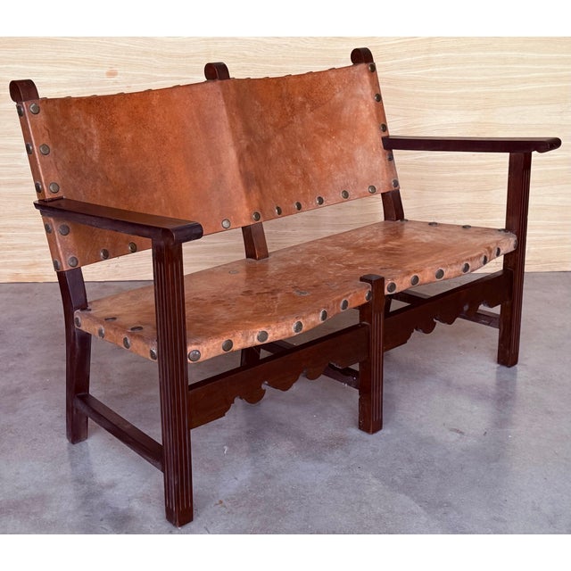 Mid 19th Century Walnut Leather Brown Spanish Sofa, Bench 18th Century Baroque Cordoba Ironwork For Sale - Image 5 of 18
