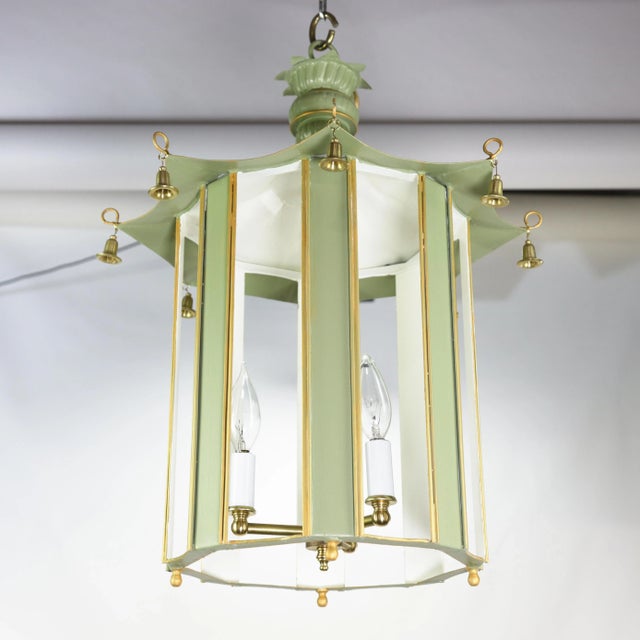 Vintage Green and Gold Chinoiserie Pagoda Tole Chandelier With Hanging Bells For Sale - Image 15 of 17