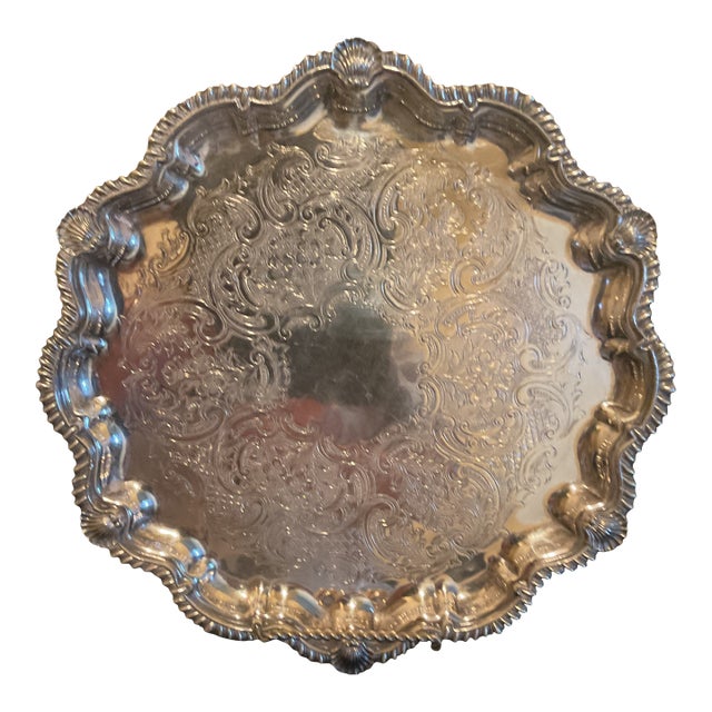 Vintage Silver Plated Engraved Footed Tray With Scalloped Edge For Sale