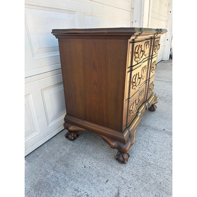 Vintage Spanish Revival Bachelor Chest | Chest of Drawers | Burl Wood Style Dresser For Sale - Image 4 of 12