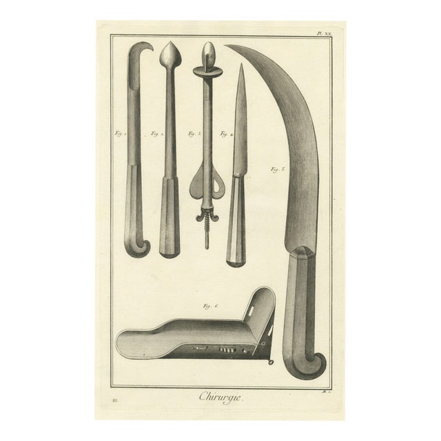 Antonio Baratti, Hooked Instrument and Sickle Knife, Diderot Chirurgie Plate Xx, 1772, Engraving For Sale