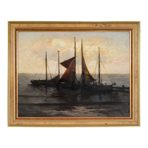 "Fishing Schooners and Sailboats at a Dock" Original Oil by Rudolph Guba