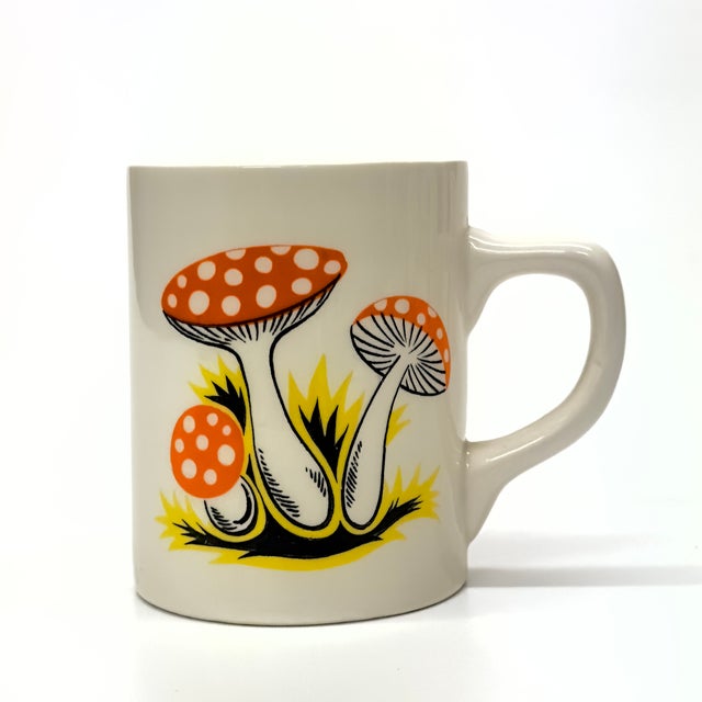 White Vintage Colorful Bone China Mugs With Illustrative Mushroom Motif, Made in Japan - Set of 4 For Sale - Image 8 of 9