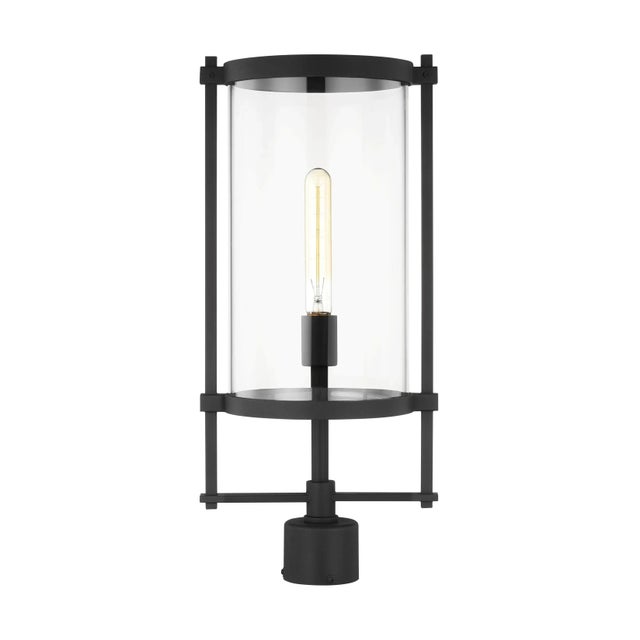 The Eastham one light outdoor post top in textured black by Chapman & Myers is designed with an upright square metal...