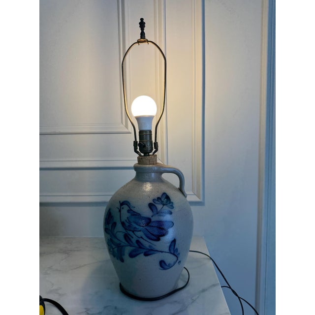 Vintage Rowe Pottery Works Salt Glazed Stoneware Cobalt Blue Bird Jug Table Lamp 25" For Sale - Image 14 of 18