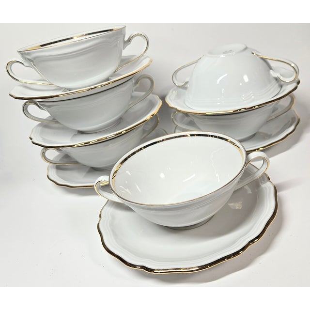 Metal 1950s Gold Rimmed China Cream Soup and Saucer Sets - Set of Twelve For Sale - Image 7 of 18