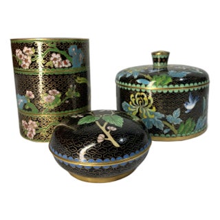 Vintage Chinese Cloisonné Trinket Box Trio – Black Enamel & Floral For Sale