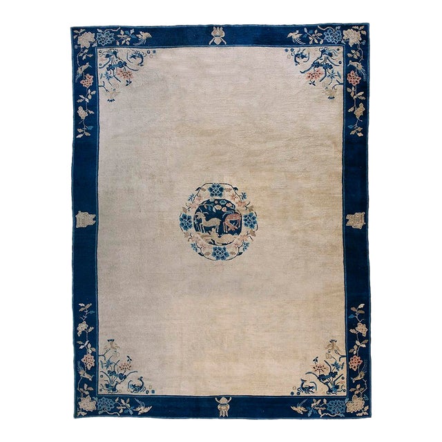 1920s Beige Traditional Chinese Floral Symbolism Antique Peking Carpet 9'3'' X 11'6'' Knotted Wool Rug For Sale