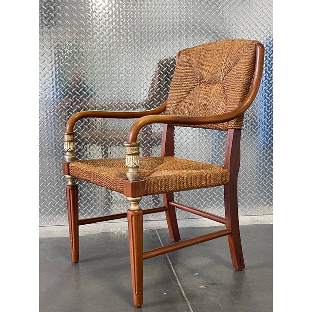 Vintage Rush Seat Armchair With Bent Rattan Arms, Campaign / Neoclassical Accent Chair in the Style of Donghia For Sale In Naples, FL - Image 6 of 10