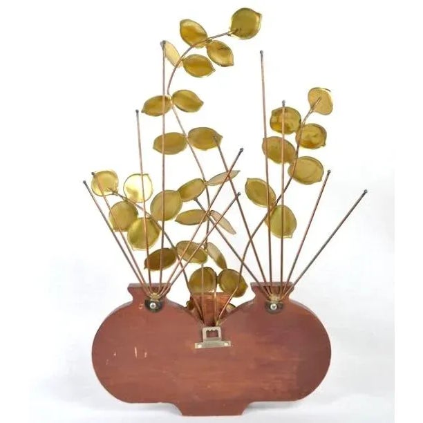 Mid-Century Modern Teak Vases Brass Eucalyptus Wall Sculpture For Sale - Image 3 of 3