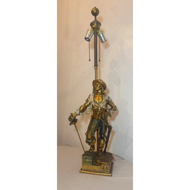 Figurative Huge Antique Patinated Bronze Clad Captain Kidd Pirate Figural Table Lamp For Sale - Image 3 of 13
