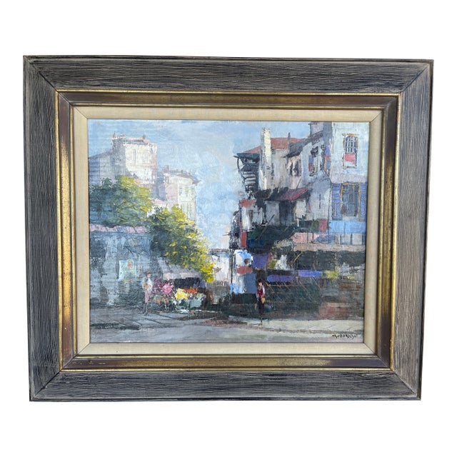 Mid-Century Modern Impressionist Painting of a French Town Landscape C1955 For Sale