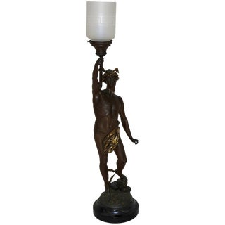 Late 19th Century Hermès Statue Lamp With Greek Key Glass Shade For Sale