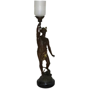Late 19th Century Hermès Statue Lamp With Greek Key Glass Shade