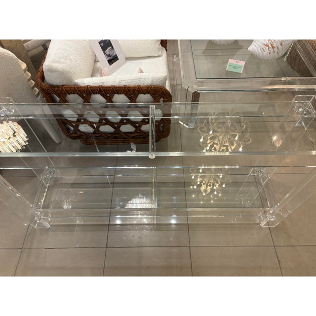 Vintage Modern Peg Lucite Console Table Two Tier New Glass Tops For Sale - Image 12 of 12