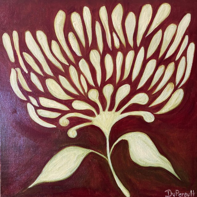 Original Botanical Flower Painting in Brushed Gold Frame, Oil on Canvas, 14.5" X 14.5" by Tatiana Duperault For Sale - Image 4 of 5
