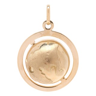 1950s Spinning Globe Charm, 14k Yellow Gold, Length 1.25 In For Sale
